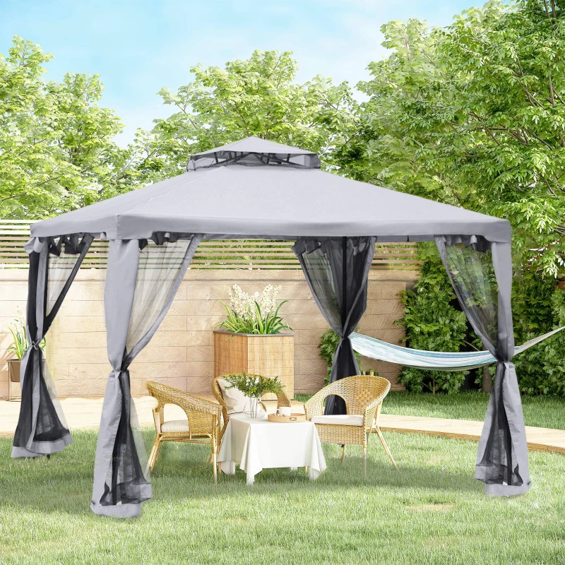 Outsunny Pérgola de Jardim 294x294x265cm com Duplo Teto de Ventilação 8 Orifícios de Drenagem e 4 Telas Mosquiteiras Cinza