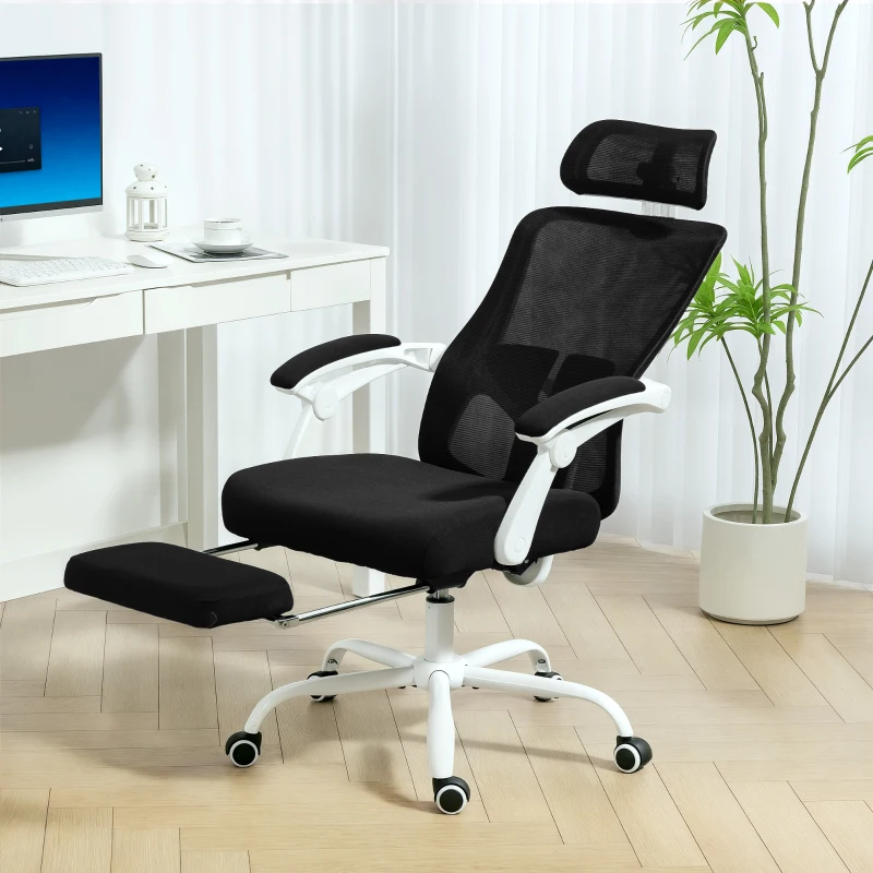 HOMCOM Chaise de Bureau Inclinable 135° avec Repose-Pieds, Support Lombaire, Appuie-tête, Hauteur Réglable, en Maille, Noir