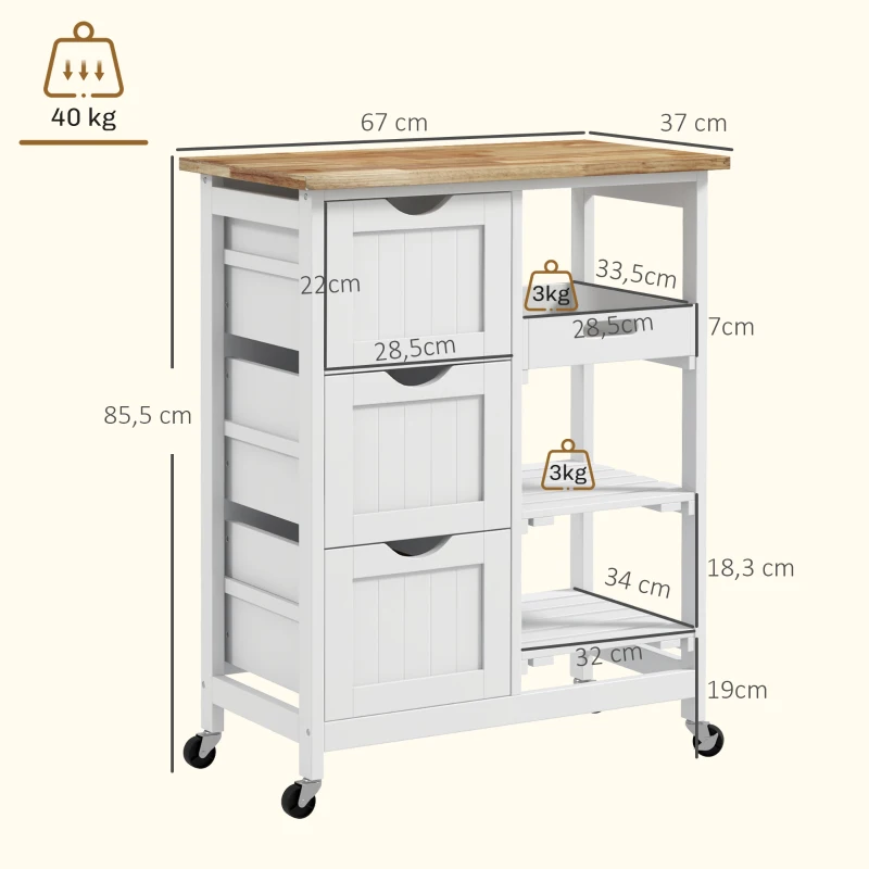 HOMCOM Chariot desserte de cuisine à roulettes plan de travail en bois 3 tiroirs + 1 plateau amovible 67 x 37 x 85,5 cm blanc