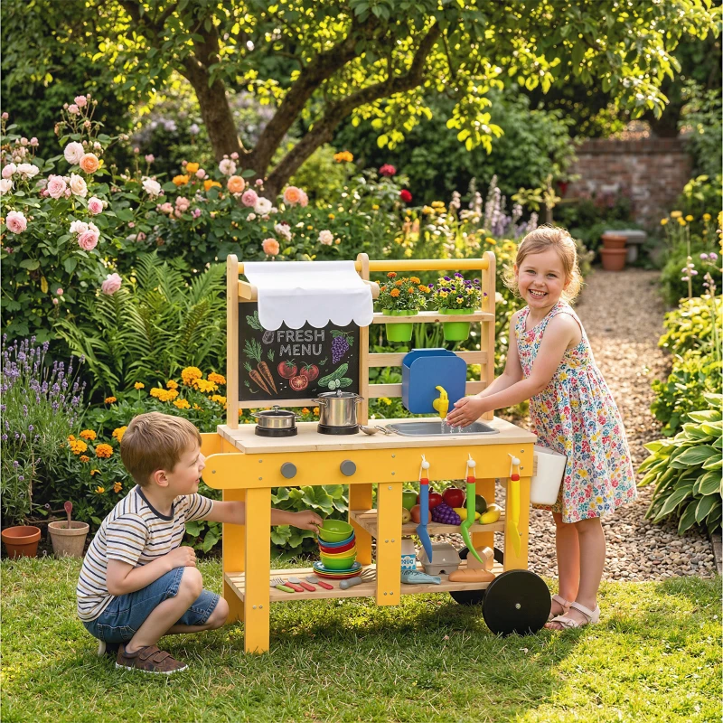 AIYAPLAY Cucina Giocattolo in Legno per Bambini con 15 Accessori, da Interno ed Esterno, Giallo