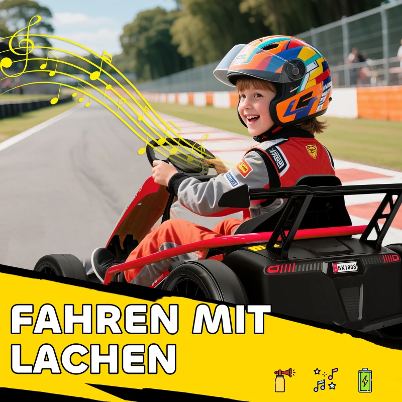 AIYAPLAY 24V elektrische gokart om te rijden en te driften, nylonbanden, veiligheidsgordel, claxon, muziek, voor 8-12 jaar Rood(m-7)