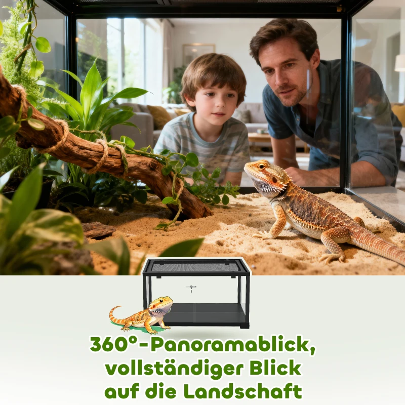 PawHut Reptilenterrarium, 86 liter vivarium met schuifdeur, afsluitbaar, voor hagedissen, insecten, spinnen, gekko's, 60 x 45 x 32 cm, zwart