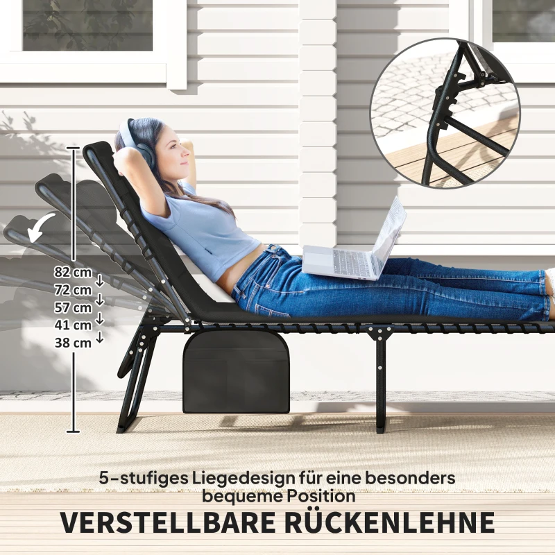 Outsunny 2er set opvouwbare ligstoel tuinligstoel met hoofdkussen 5‑voudig verstelbare rugleuning zijvak zwart