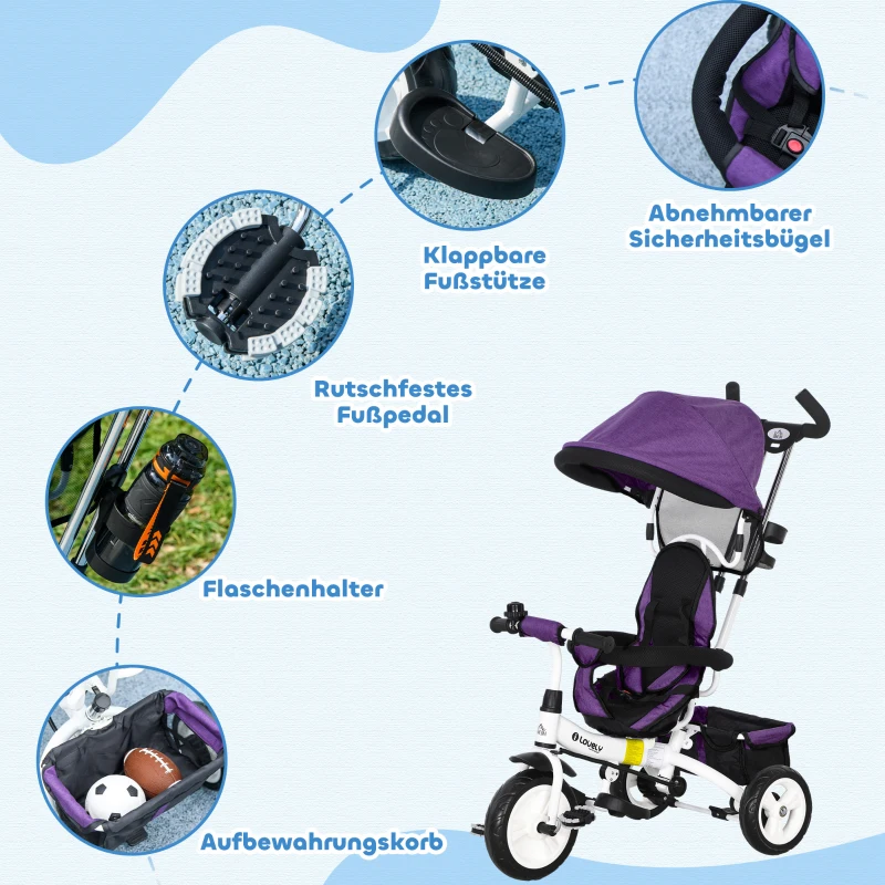 HOMCOM 6-in-1 Kinderdriewieler met Duwstang, Zonnedak, Gordel, Opbergmand, voor 1-5 Jaar, Paars