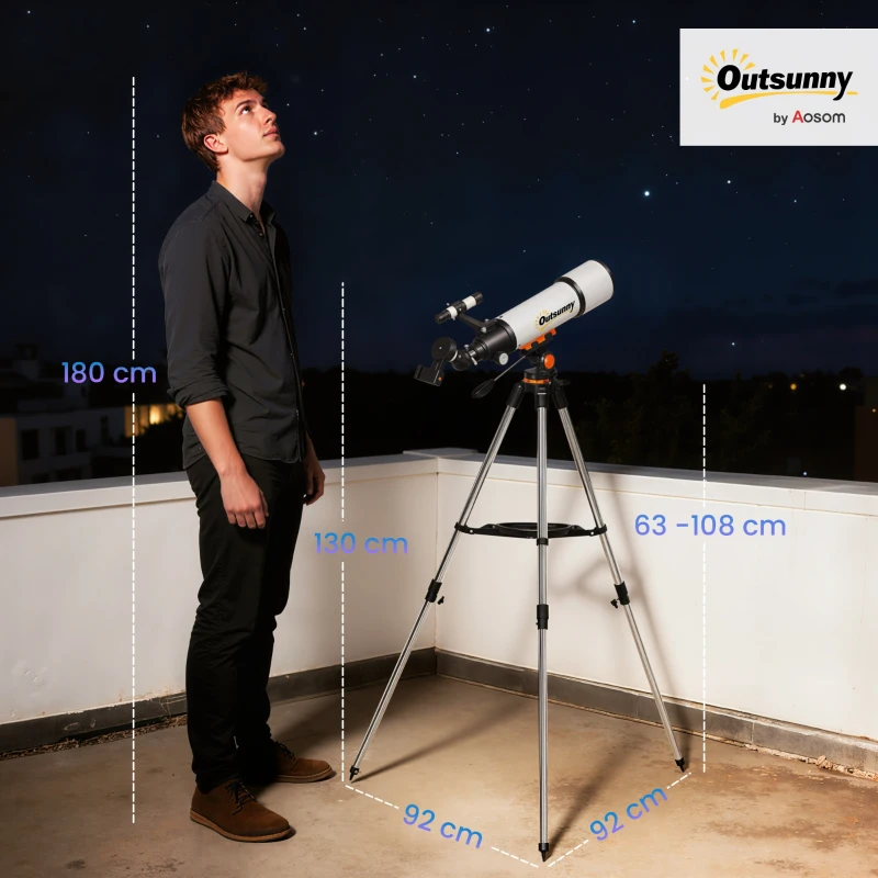 Outsunny Telescop Astronomic 80mm cu Montură AZ, 2 Lentile Oculare și Adaptor pentru Smartphone, 92x92x130 cm, Alb și Negru