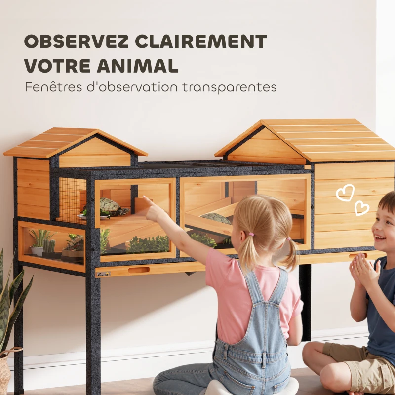 PawHut Maison pour tortues à 2 étages 2 chambres fenêtres rampes toit ouvrable et plateau 128 x 63 x 96 cm jaune(m-5)