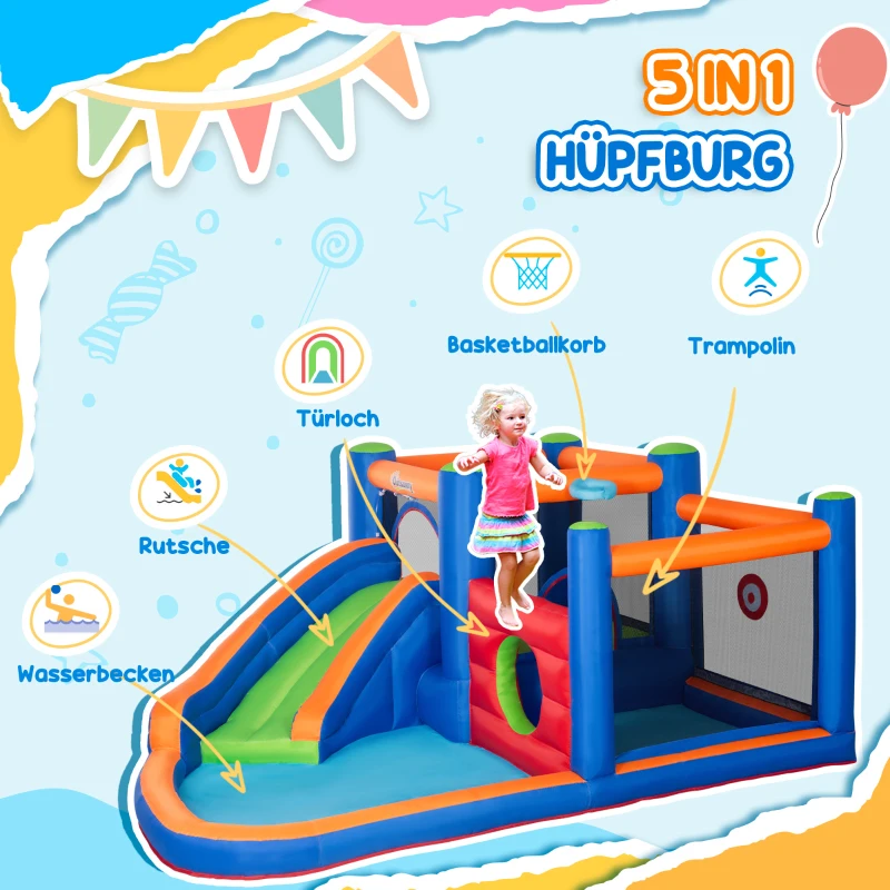 Outsunny springkasteel, met ruches, springkussen, zwembad, opblaasbaar, incl. elektrische pomp, voor maximaal 3 kinderen, 380 x 340 x 170 cm