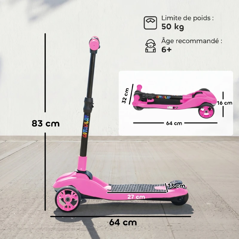 AIYAPLAY Trottinette électrique pour enfants 6+ ans, pliable 3 roues démarrage zéro, vitesse maximale 8 km/h 64 x 29 x 83 cm rose