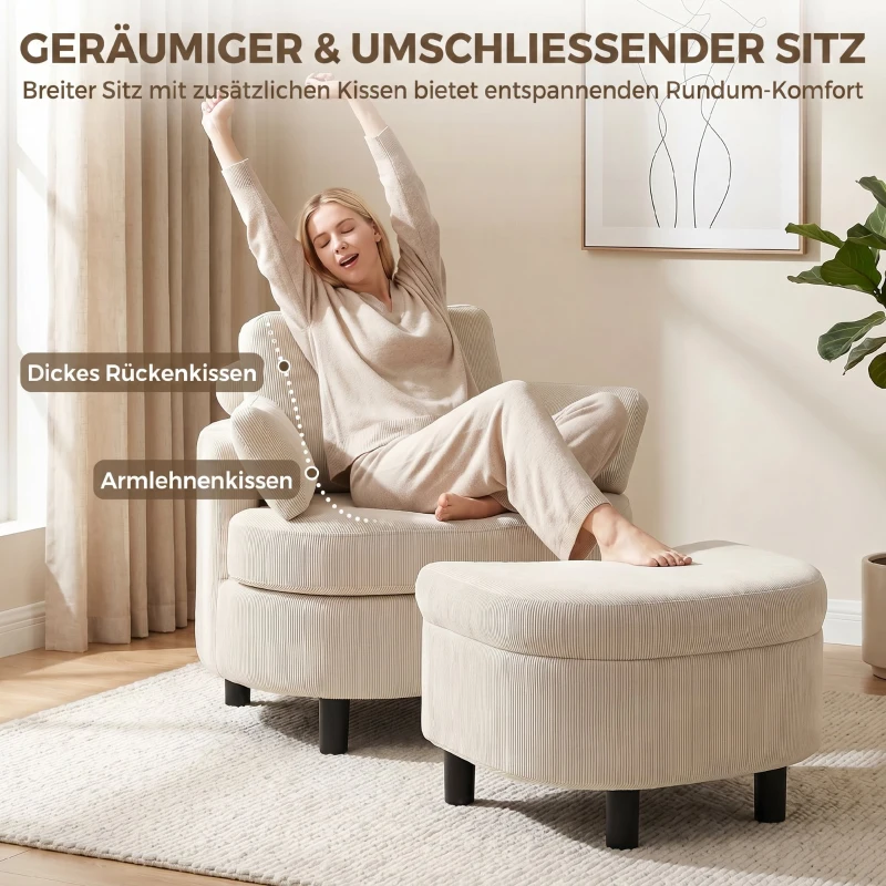 HOMCOM Fauteuil met opbergpoef, cordbekleding, omsluitende leesstoel met verstelbare hoofdsteun, brede zitting, crèmewit