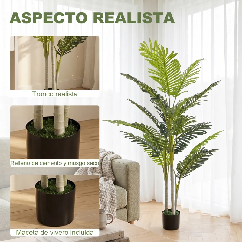 Outsunny Planta Artificial Palmera 150 cm con Maceta y Musgo para Decoración Interior Salón Oficina Ø18x150 cm Verde
