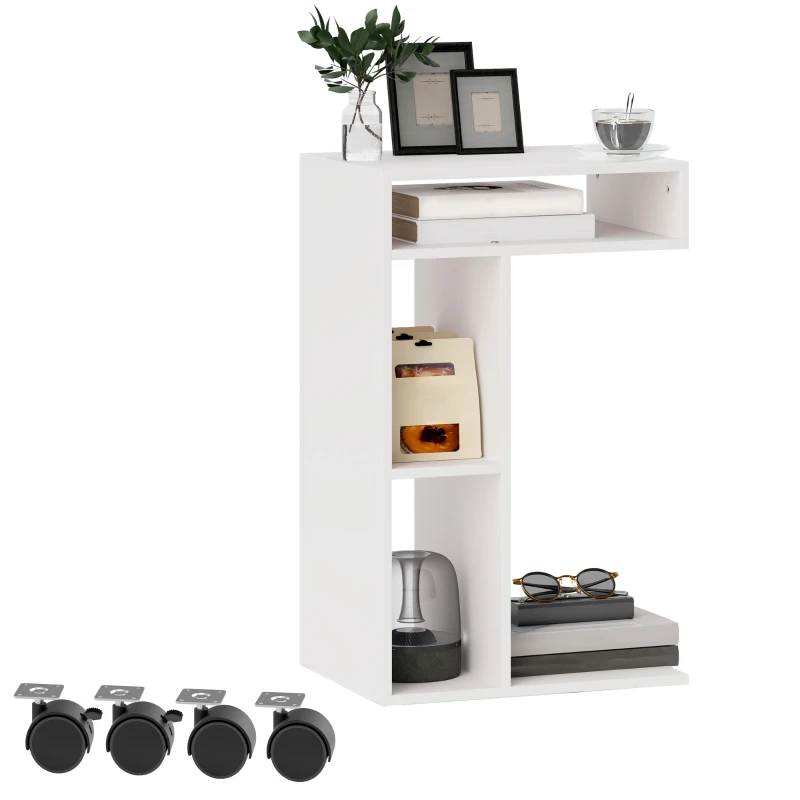 HOMCOM Table d'appoint en forme de C avec roulettes, avec 3 compartiments et 1 étagère ouverte, 40 x 30 x 69 cm, blanc