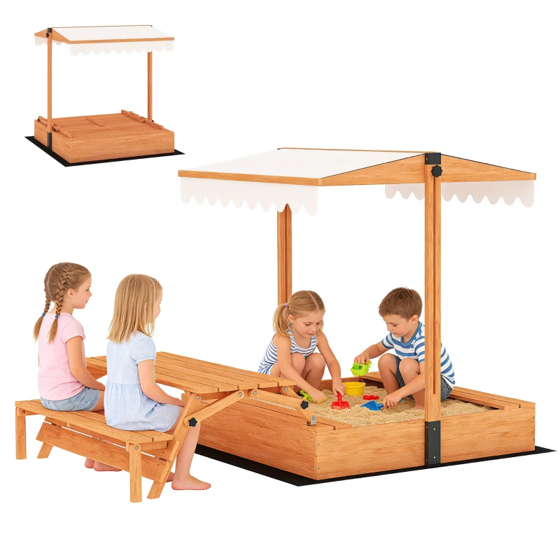 AIYAPLAY Arenero para Niños de Madera con Toldo Ajustable Mesa de Picnic con Bancos 6 Niños de 3-8 Años 184x110x120 cm Marrón