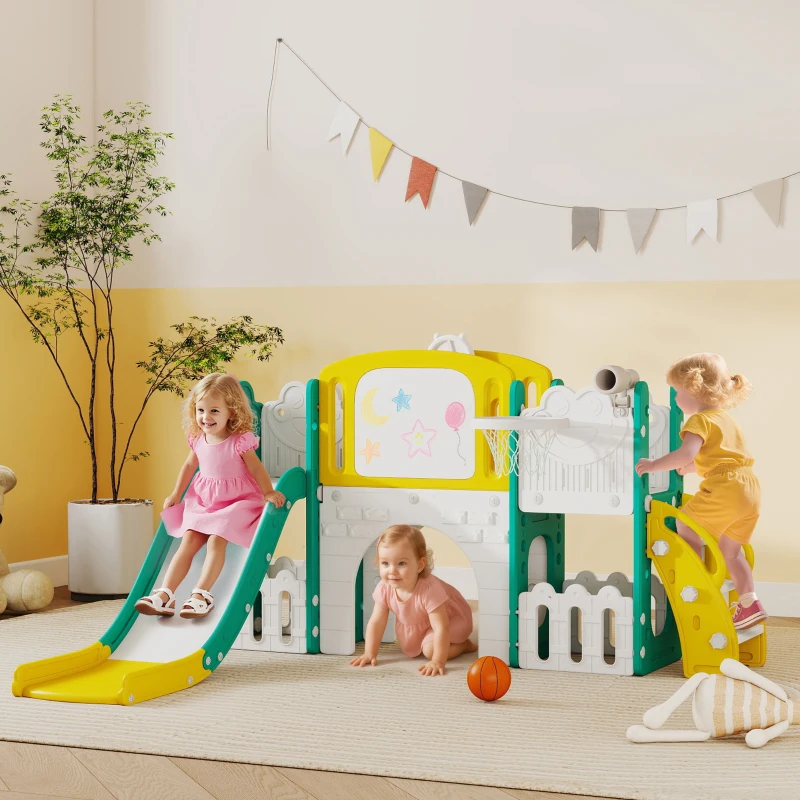 AIYAPLAY 7-in-1 Glijbaan Set voor Peuters, Basketballkorf, Kikker Design, Klimtoestel, Schommelzit, Voor Binnen en Buiten, Geel+Groen
