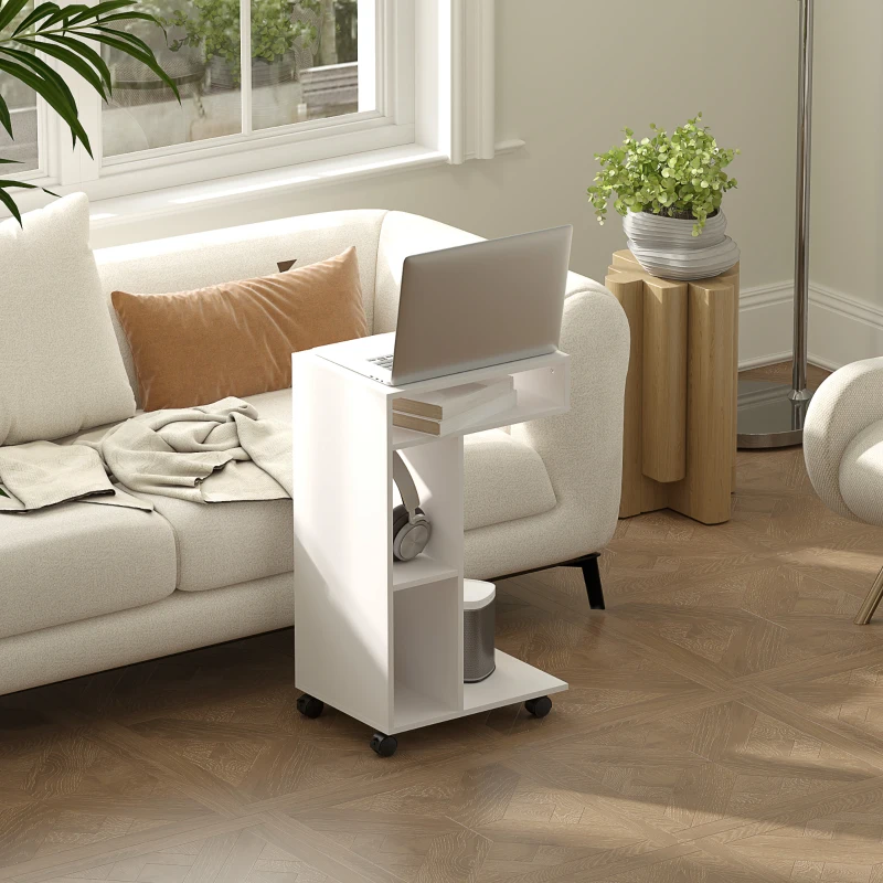 HOMCOM Table d'appoint en forme de C avec roulettes, avec 3 compartiments et 1 étagère ouverte, 40 x 30 x 69 cm, blanc