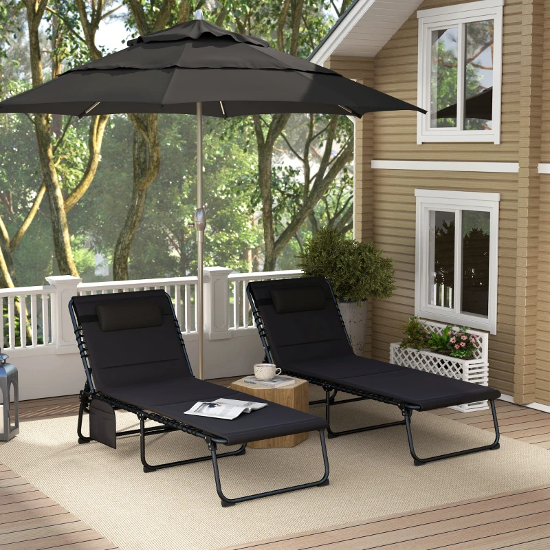 Outsunny Set of Two Reclining Sun Loungers - Black