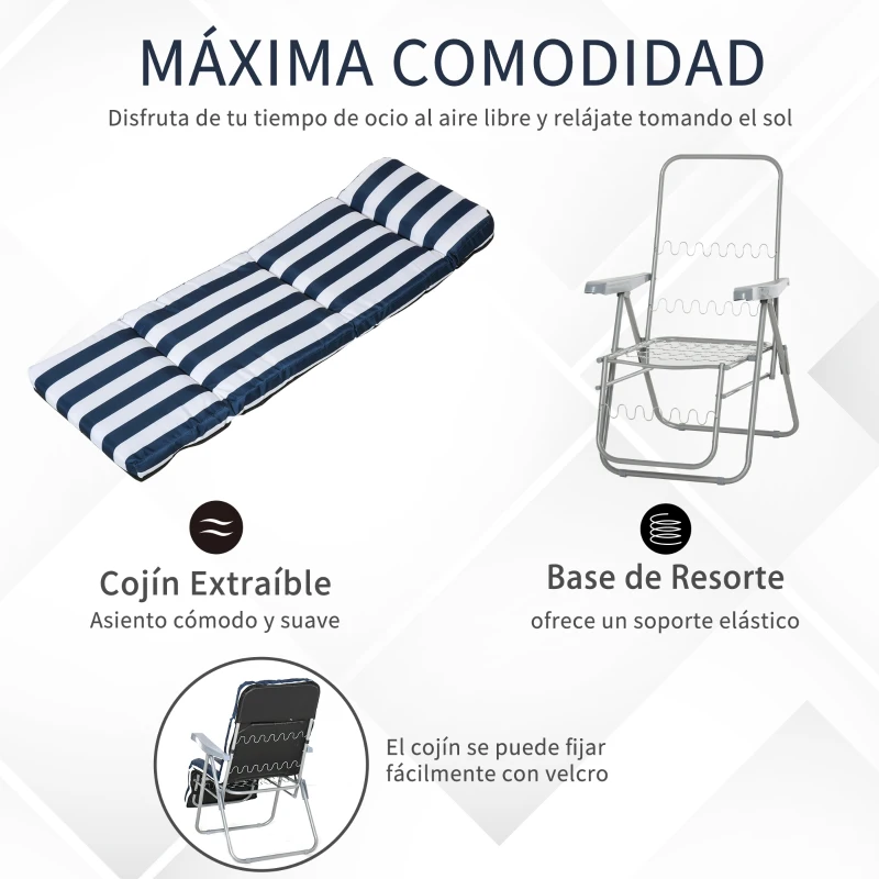 Outsunny 2 Tumbonas de Jardín de Acero con Cojín Acolchado Respaldo Ajustable y Reposapiés 60x75x66-102 cm Azul y Blanco