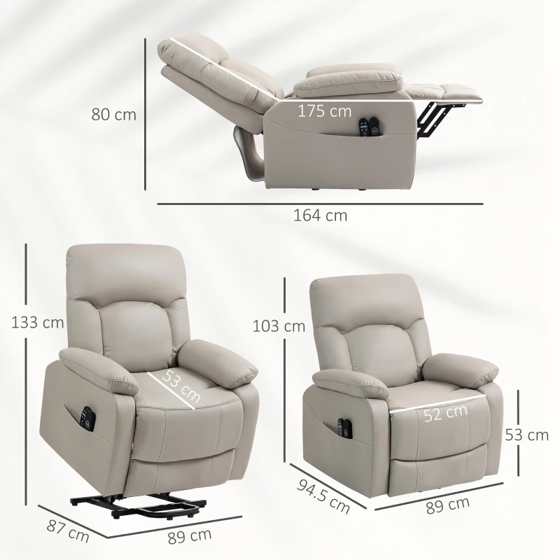 HOMCOM Poltrona elevatória elétrica, poltrona relax elétrica com função de massagem e aquecimento, 89 x 94,5 x 103 cm, cinza