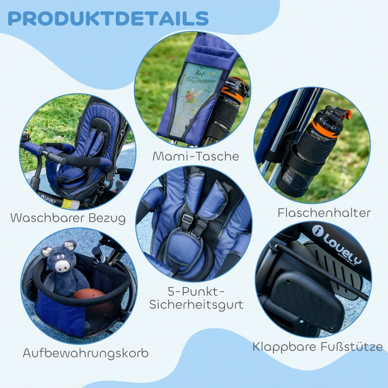 HOMCOM Kinderdriewieler met Achterkorf, Bekerhouder, Zonnedak, van Metaal, Donkerblauw