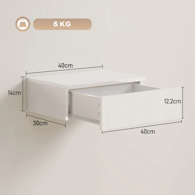 HOMCOM Floating Bedside Table Set of 2, Wall-Mounted Nightstand with High Gloss Finish & Storage Drawer, White
