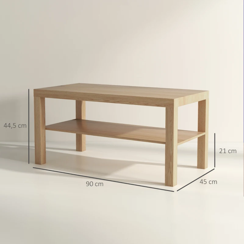 HOMCOM Table basse de salon, table d'appoint rectangulaire à 2 niveaux avec étagère de rangement, 90x45x44,5cm, bois naturel