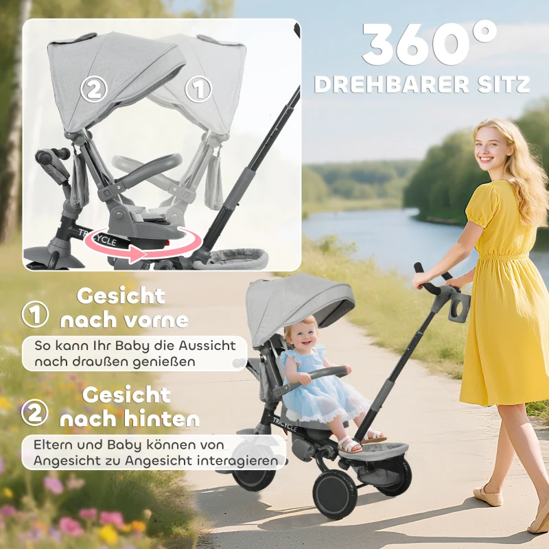 AIYAPLAY Kinderdreirad, 6-in-1 Buggy voor Kleuters, met Duwstang, Verstelbare Zitting, Vouwbaar Ontwerp, Veiligheidsnet, Grijs