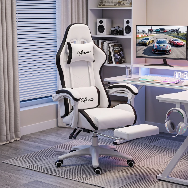 Vinsetto Siège gaming fauteuil gaming dossier inclinable 135° avec appui-tête repose-pieds 65l x 65P x 121-129H cm blanc et noir