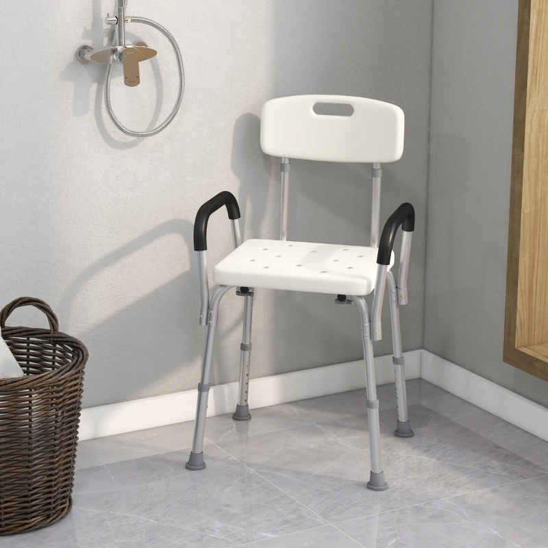 HOMCOM Chaise de Douche siège de Douche Ergonomique Hauteur réglable Pieds antidérapants Dossier accoudoirs Amovibles Charge Max. 136 Kg alu HDPE Blanc