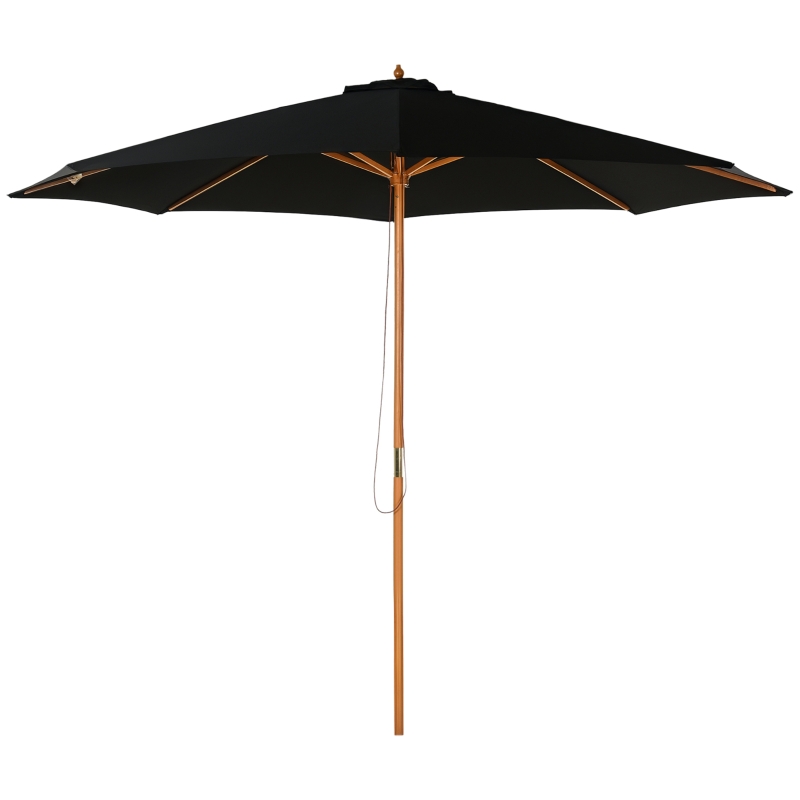 Outsunny Umbrelă de Grădină 3 m cu Stâlp din Lemn, 8 Spițe și Acoperire din Poliester, Neagră