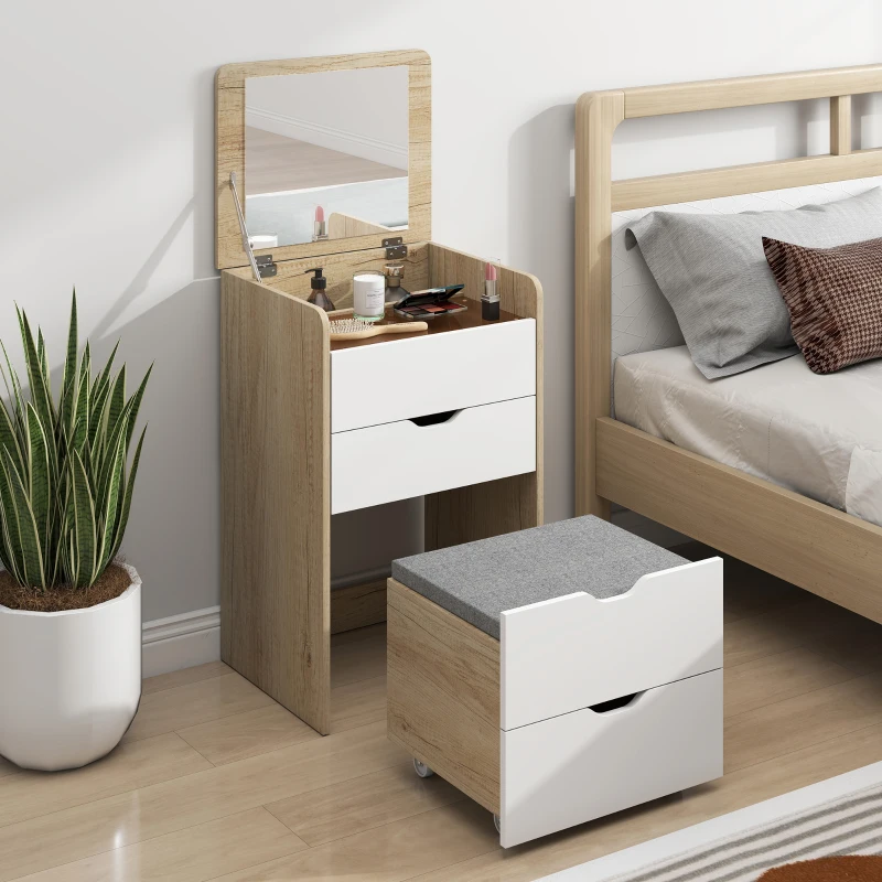 HOMCOM Schminkkommode 3-in-1 mit klappbarem Spiegel, Hocker und Schubladen, Rovere und Weiß