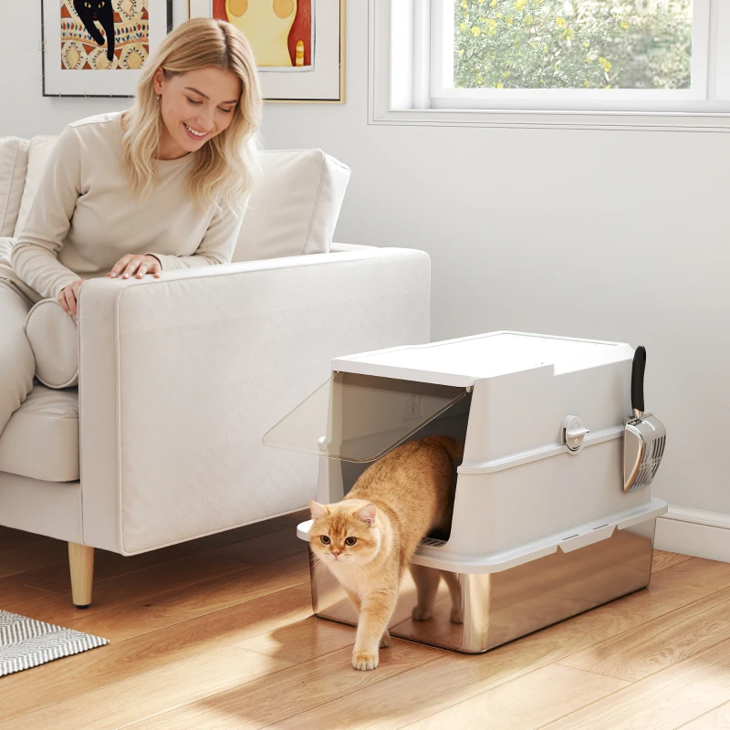PawHut Kattenbak, roestvrij staal, XL-interieur, met schep, lichtgrijs(m-2)