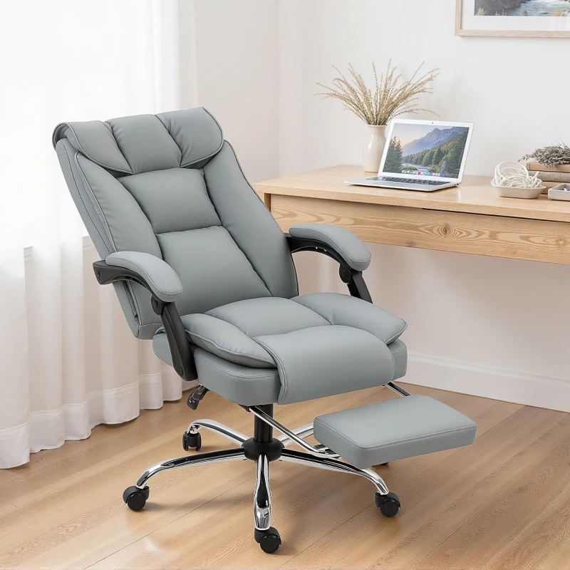 HOMCOM Silla de oficina ergonómica, sillón reclinable con reposapiés, altura ajustable, giratoria 360°, gris