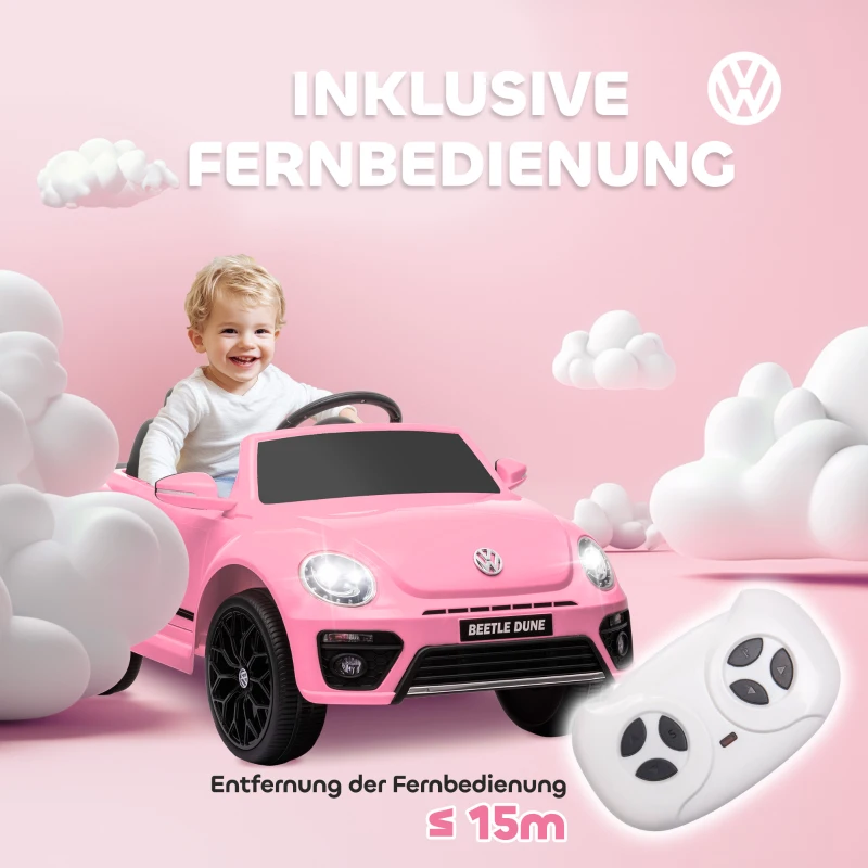 AIYAPLAY Elektrische kinderauto, VW Käfer, 3-5 km/u, met afstandsbediening & muziek, Roze(m-5)