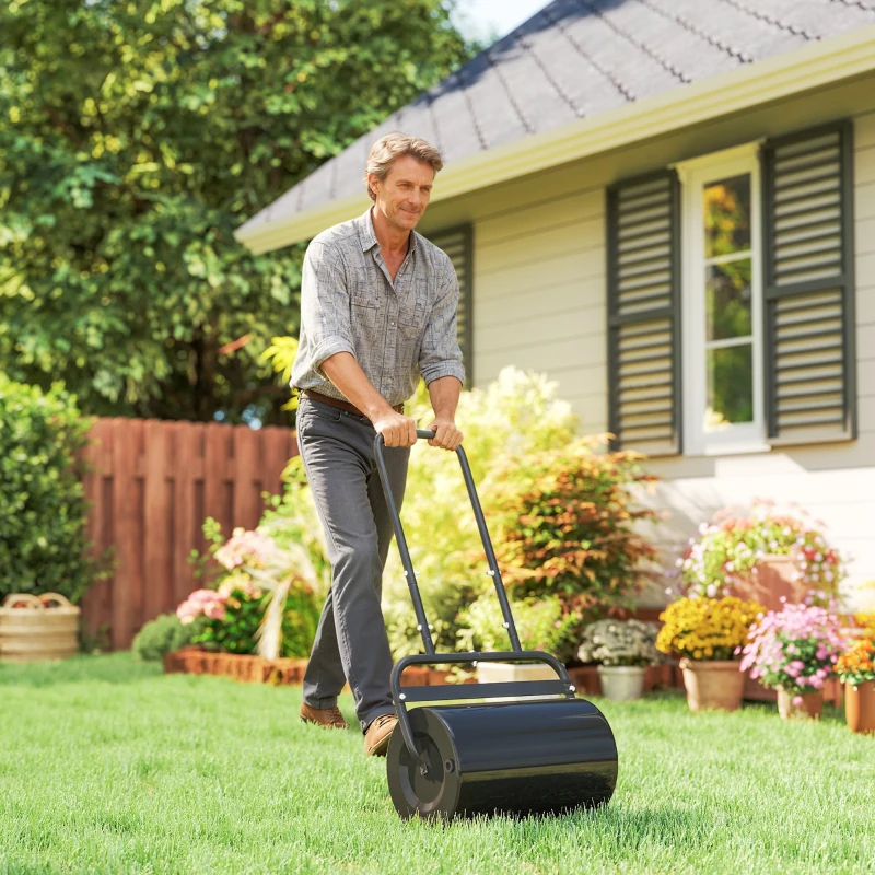 Outsunny Rasenwalze mit U-Griff, Gartenwalze, Gartenrolle, 32 cm Durchmesser, 38 L Wasser-/62 kg Sand, Metall, Schwarz, 58 x 32,5 x 113 cm