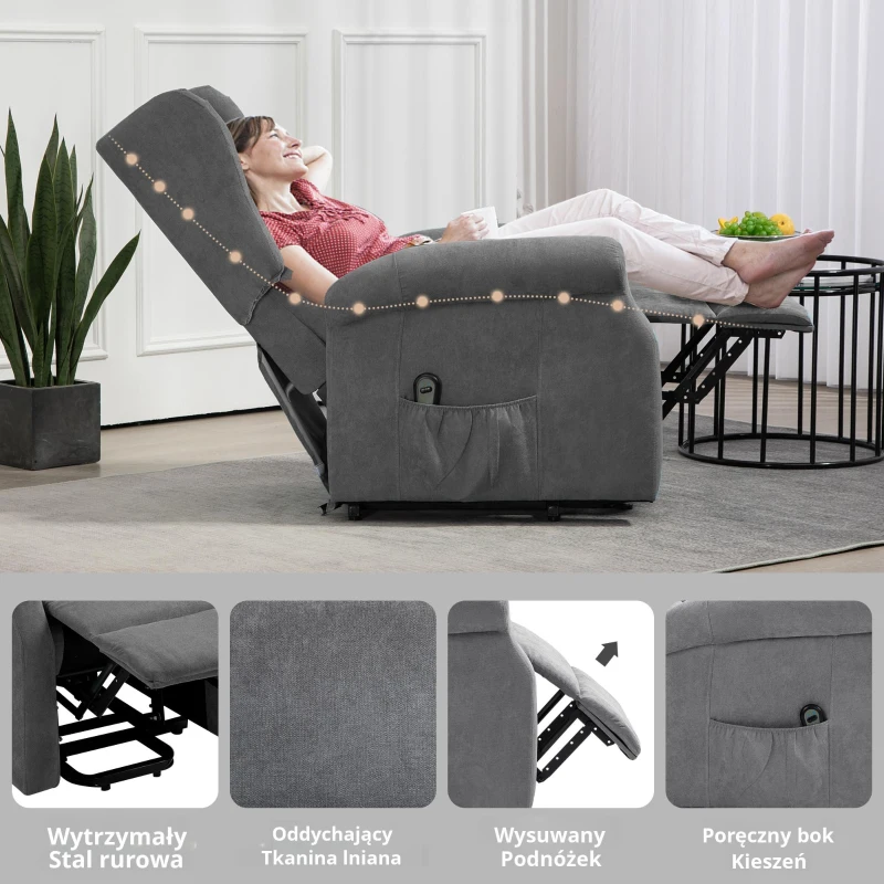 HOMCOM Fotel Relaksacyjny z Pomocą przy Wstawaniu, Funkcja Leżenia, do 200kg, 72,5x94x109cm, Ciemnoszary