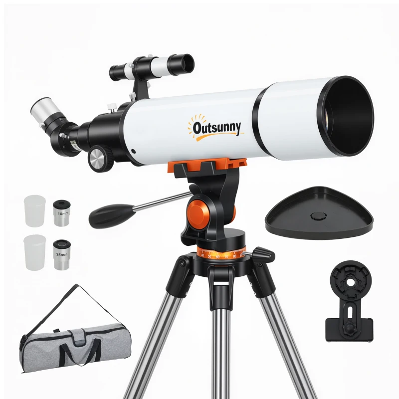 Outsunny Telescop Astronomic 80mm cu Montură AZ, 2 Lentile Oculare și Adaptor pentru Smartphone, 92x92x130 cm, Alb și Negru