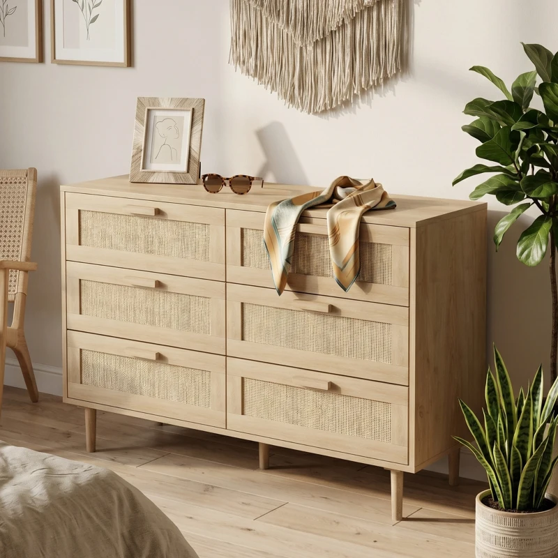 HOMCOM Commode 6 tiroirs meuble de rangement avec tissage en rotin dim. 110L x 40l x 75H cm Aspect Bois Clair