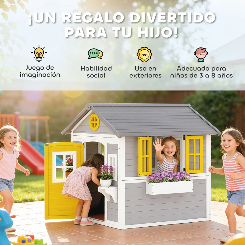 Outsunny Casita Infantil Exterior e Interior de Madera con Puerta Ventanas Jardineras y Soportes de Flores Gris