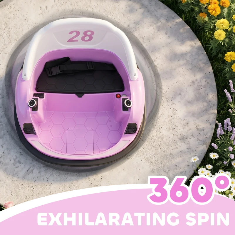 AIYAPLAY 360° Rotation Kids Bumper Car, 12V Waltz Car with Remote Control, Dual Joystick, Music, Lights, Pink