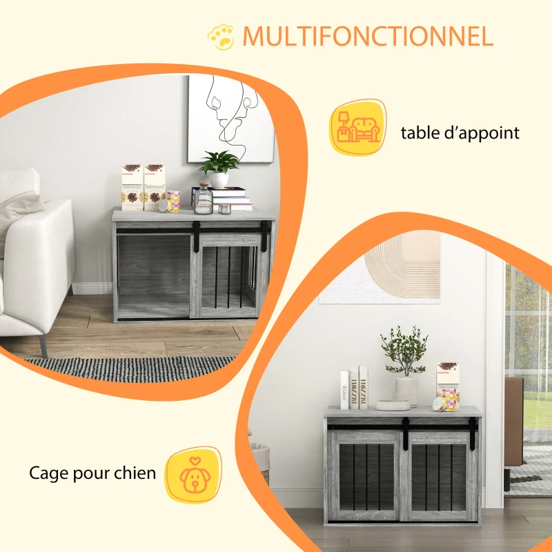 PawHut Cage caisse pour chien animaux intérieur porte coulissante, métal effet bois, dim. 57H x 80L x 54l cm