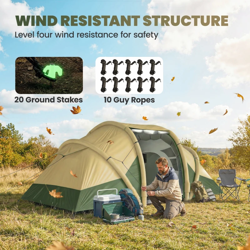Outsunny Inflatable Tent 2 Bedroom Tunnel Design Windproof Air Tent with Carry Bag for 4 Person