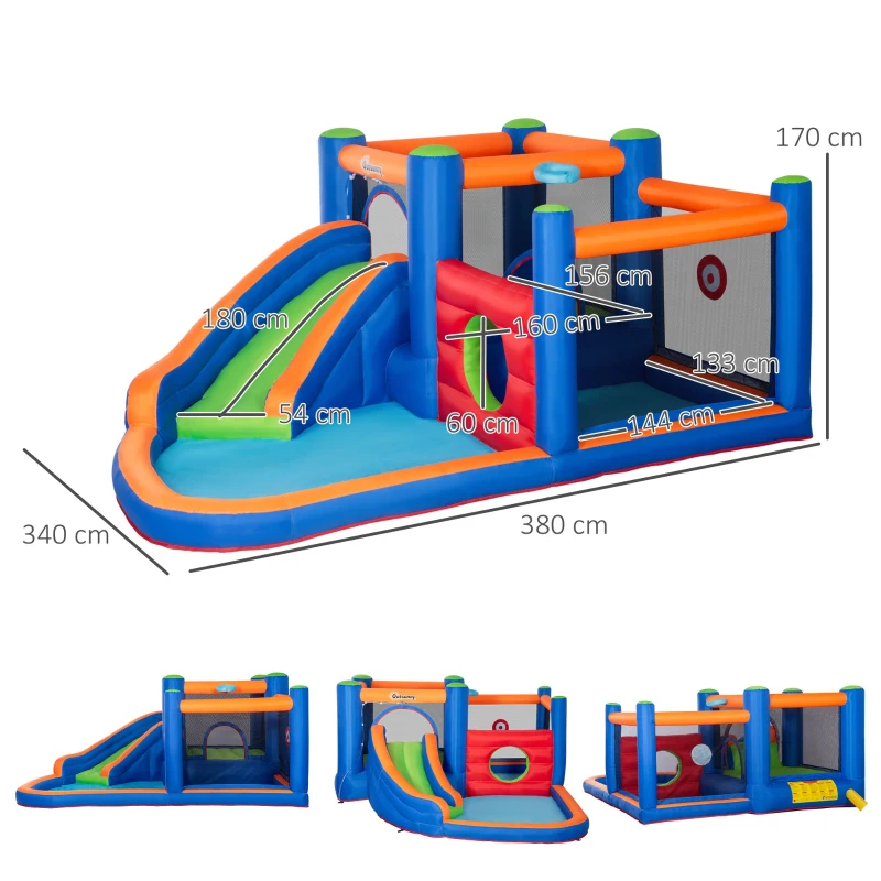 Outsunny springkasteel, met ruches, springkussen, zwembad, opblaasbaar, incl. elektrische pomp, voor maximaal 3 kinderen, 380 x 340 x 170 cm