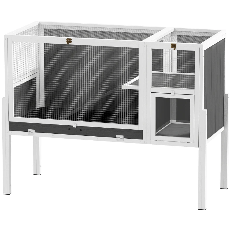 PawHut Kleindierhok voor dwerghamsters, konijnen, cavia's, met accessoires, verhoogd ontwerp, hout, metaal, grijs