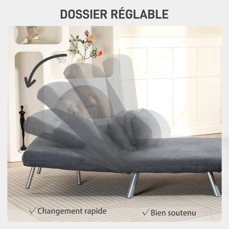 HOMCOM Fauteuil convertible 1 place, fauteuil-lit clic-clac 3 en 1 avec dossier réglable, oreiller, assise large, gris foncé
