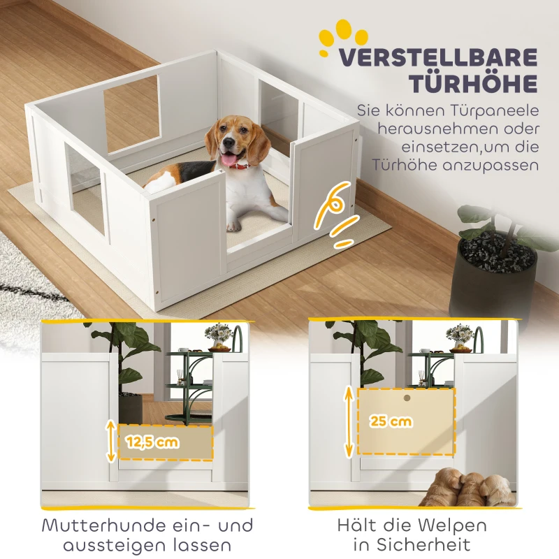 PawHut Werpkist voor Puppy’s, Puppyren met Verstelbare Deur, Hondenren met Antislip Voetjes, Werpkist voor middelgrote honden, 100x96x48 cm, Wit