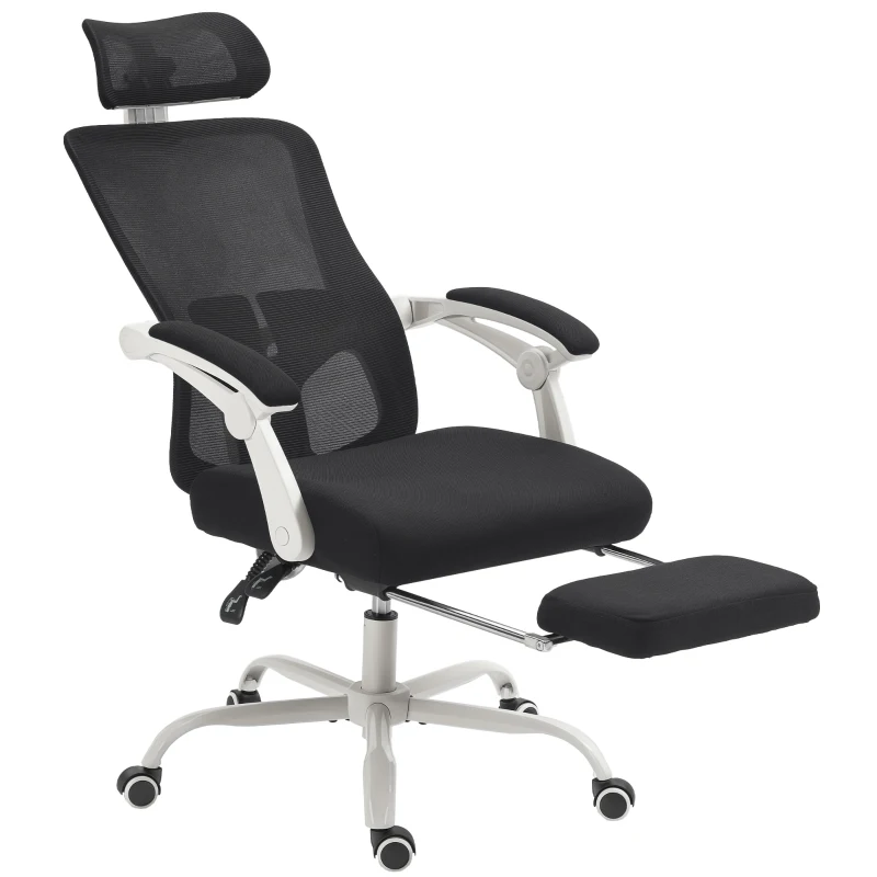 HOMCOM Chaise de Bureau Inclinable 135° avec Repose-Pieds, Support Lombaire, Appuie-tête, Hauteur Réglable, en Maille, Noir