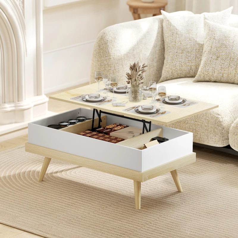HOMCOM Mesa de Centro Elevable con 3 Compartimientos de Almacenaje Ocultos y Patas de Madera 100x79x54 cm Natural y Blanco