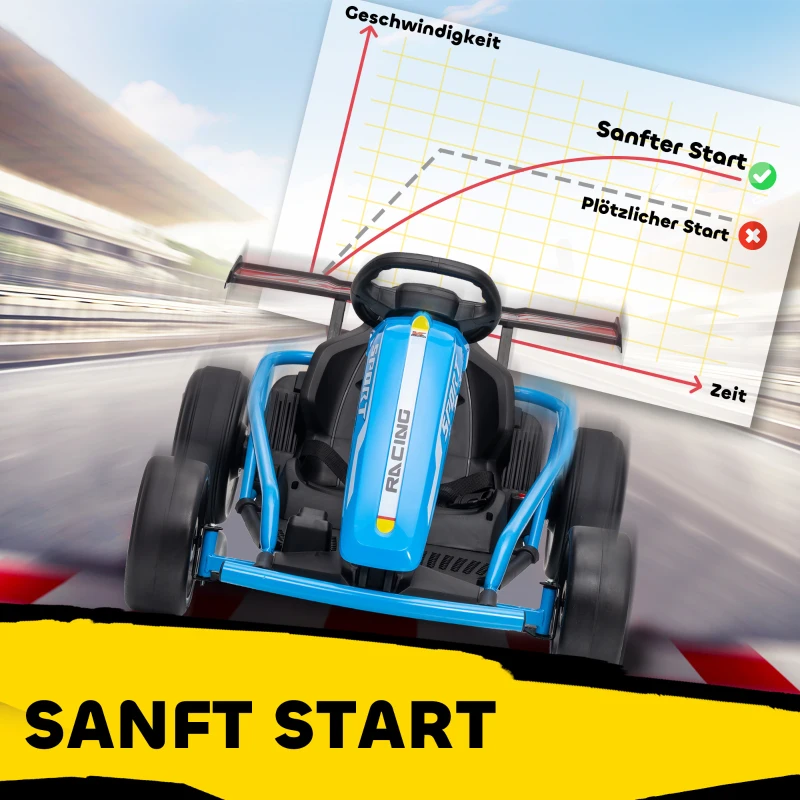 AIYAPLAY 24V Elektrische go-kart om te rijden en te driften, nylonbanden, veiligheidsgordel, toeter, muziek voor 8-12 jaar Blauw(m-6)