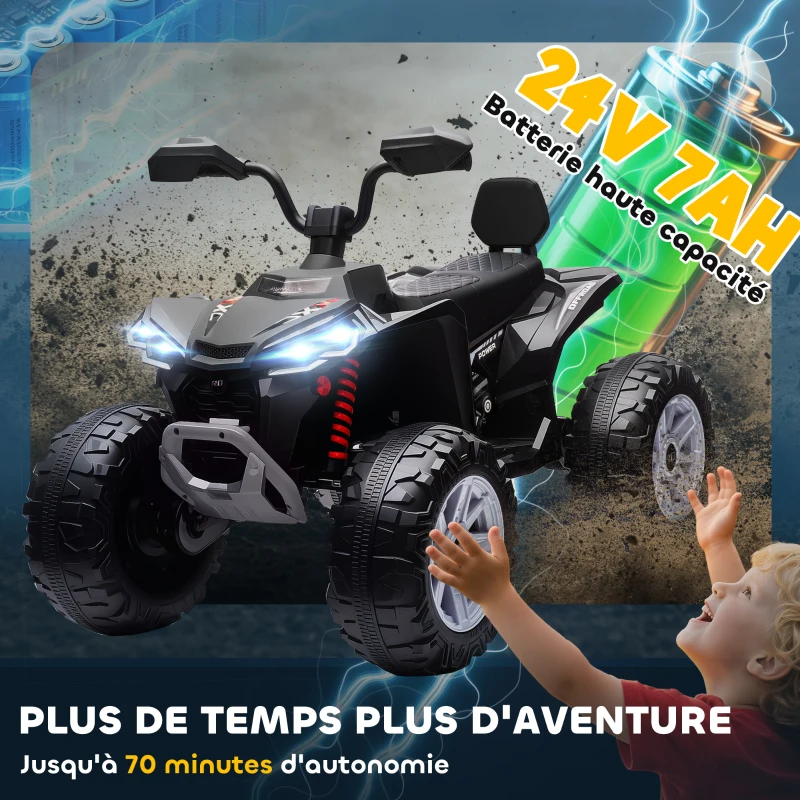 AIYAPLAY Quad électrique enfant 24V, voiture électrique enfants ATV, double moteur, phares, port USB et MP3, 109x68,5x76cm, noir