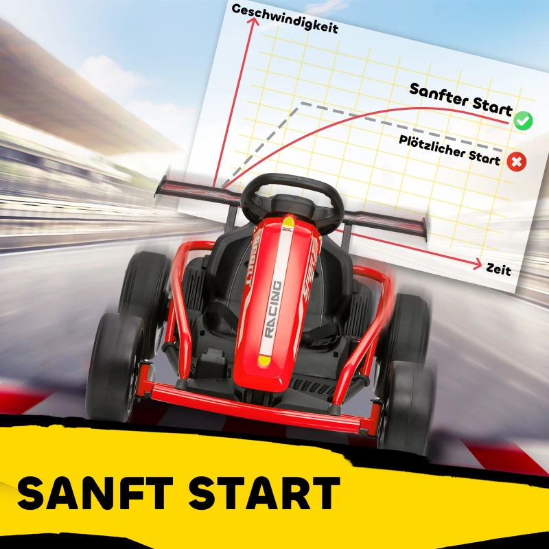 AIYAPLAY 24V elektrische gokart om te rijden en te driften, nylonbanden, veiligheidsgordel, claxon, muziek, voor 8-12 jaar Rood(m-6)