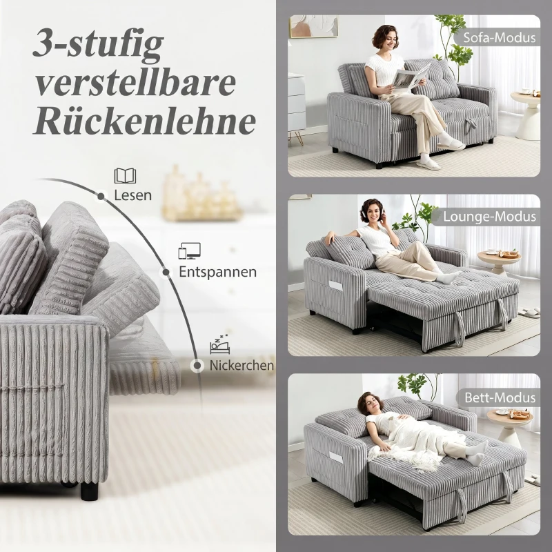 HOMCOM 2-osobowe łóżko-sofa, pokrycie sztruksowe, przekształcalne w sofę rozkładaną, 2 poduszki, kieszenie boczne, 157 x 190 cm, Jasnoszary